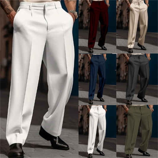 Men's Straight Suit Pants - Breathable Diagonal Pocket Slacks